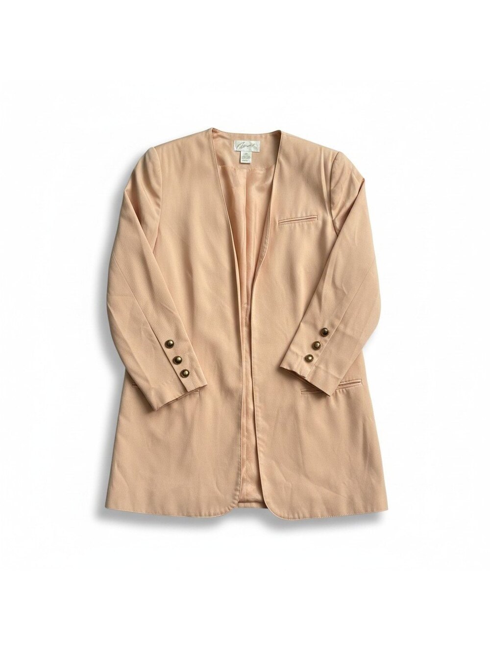 Vintage Apart Women’s Peach Longline Collarless Blazer Size 10 Gold Buttons USA